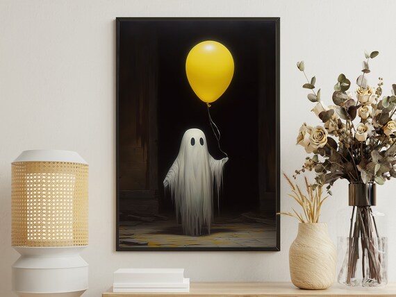Cute Ghost Holding Yellow Balloon Dark Gothic Halloween Art Poster