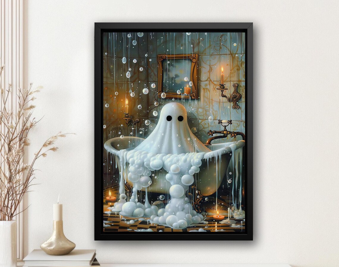 Vintage Ghost In Bathtub, Halloween Bathroom Art Print