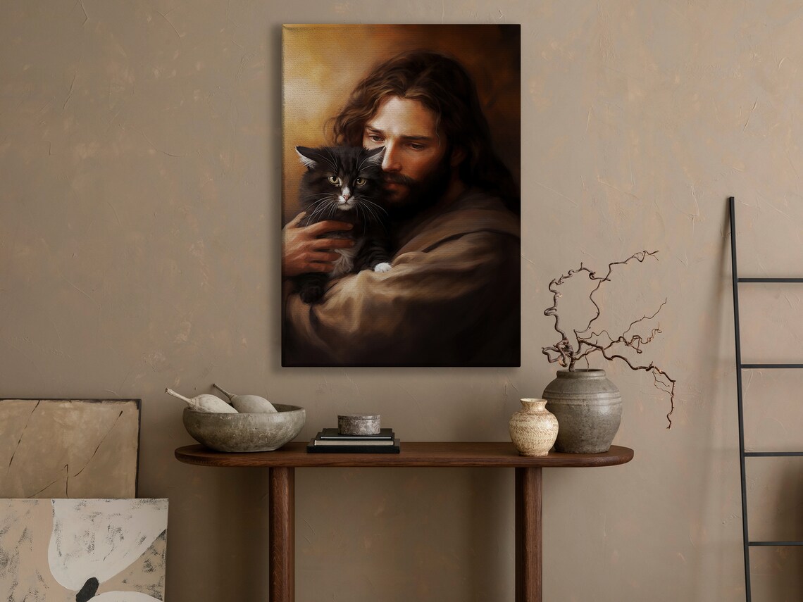Jesus Christ Holding Black Kitten Warm Golden Christian Devotional Poster - Image 3