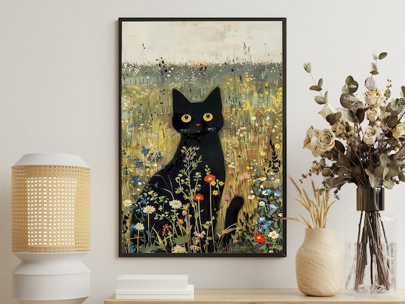 Black Cat Silhouette Among Wildflowers Muted Meadow Art Poster