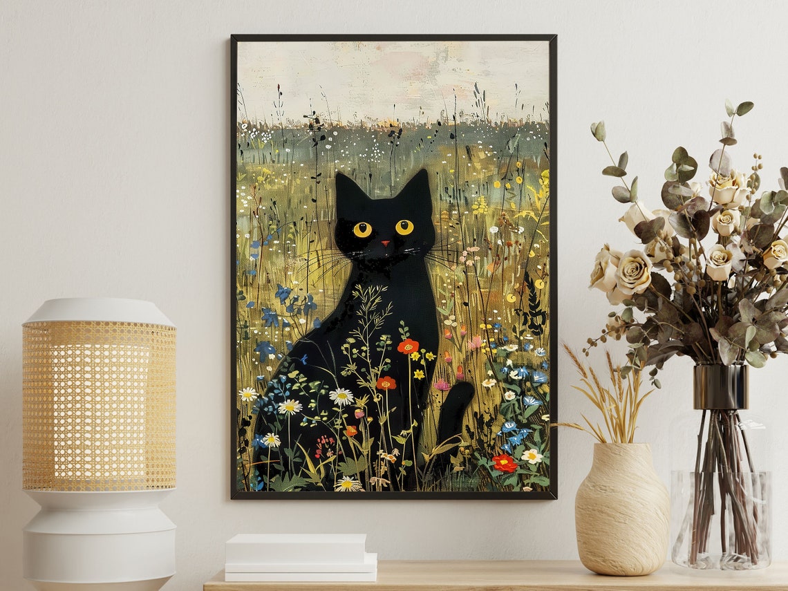Black Cat Silhouette Among Wildflowers Muted Meadow Art Poster