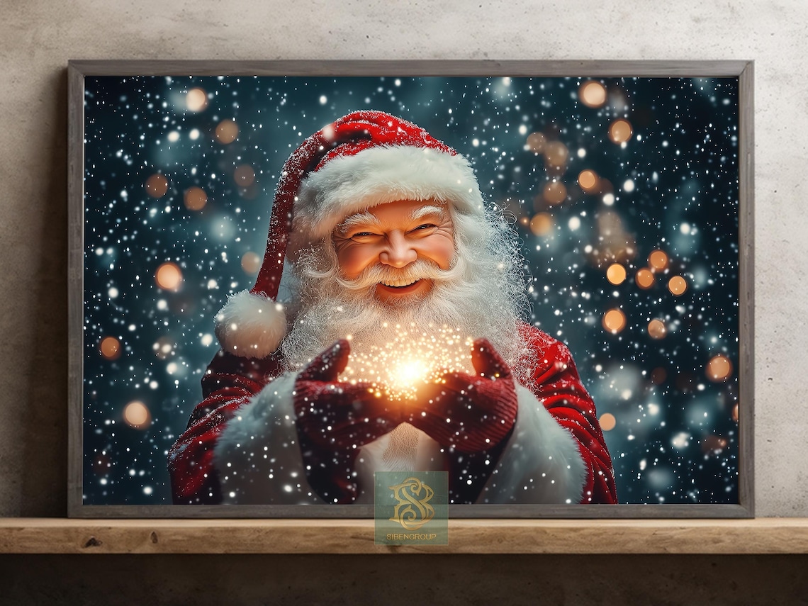 Smiling Santa Holding Golden Christmas Magic in Snowy Night Poster