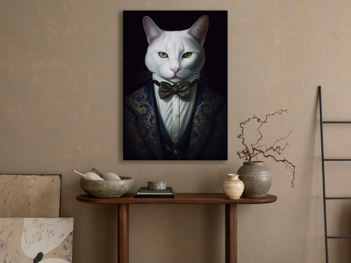 White Cat Brocade Tuxedo Black Bow Tie Regal Portrait Poster - Image 3