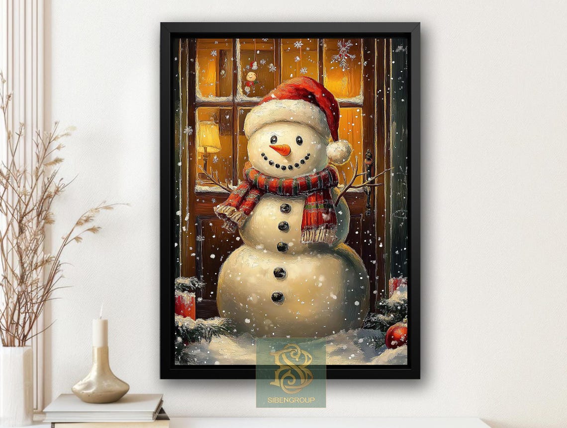 Cheerful Snowman in Santa Hat and Scarf by Glowing Window Night Poster