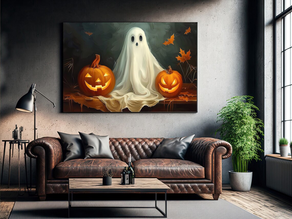 Cute Ghost with Glowing Jack-O-Lanterns Night Painting Halloween Poster - Image 2