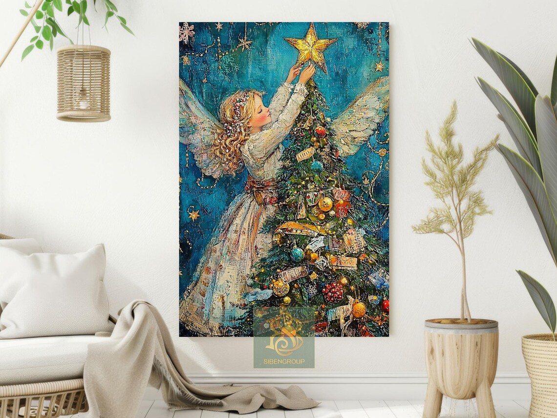 Little Angel Placing Gold Star on Christmas Tree Blue Night Poster - Image 2