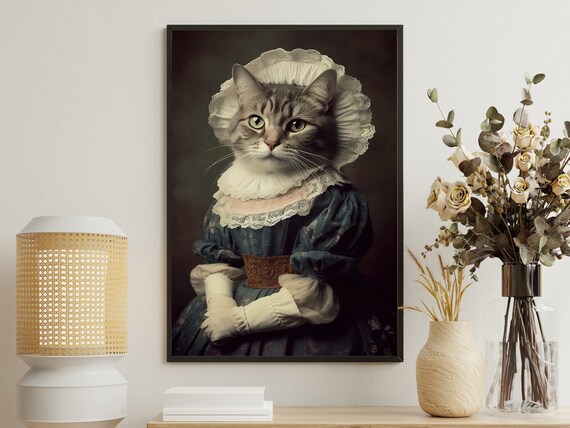 Victorian Cat Lady Lace Bonnet Royal Feline Portrait Art Poster