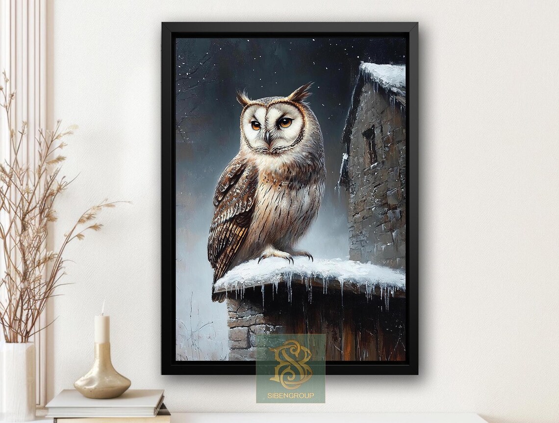 Vintage Barn Owl and Snowy Owl, Rustic Winter Art Print