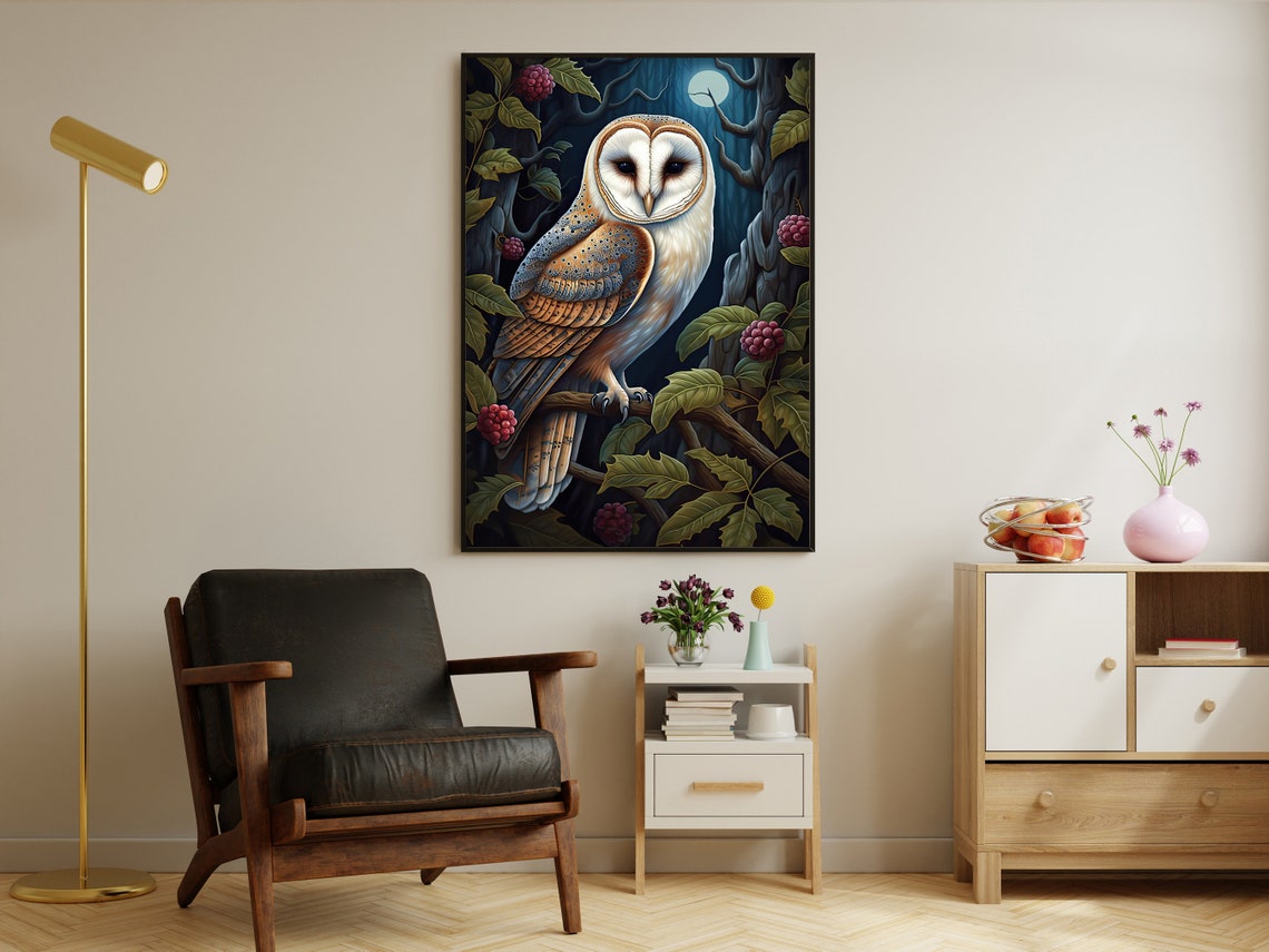 Barn Owl Moonlit Forest Berries Nocturnal Wildlife Art Poster - Image 2