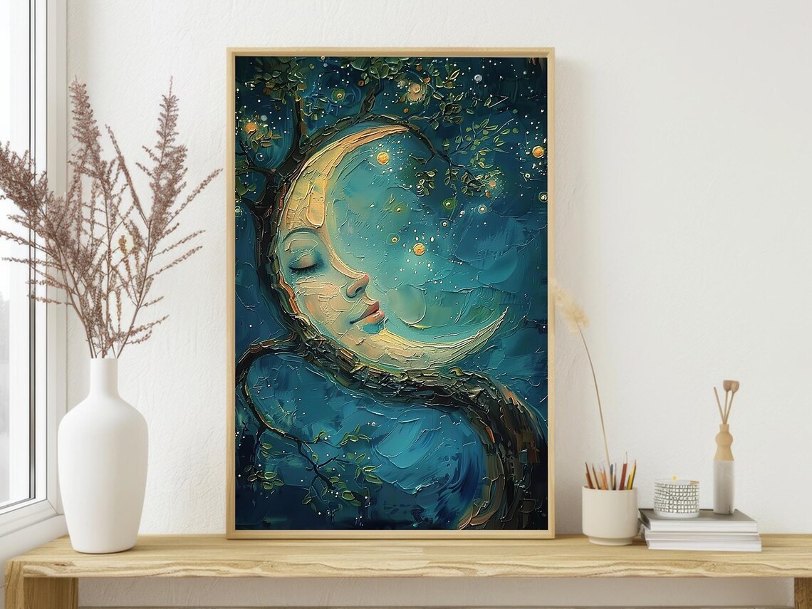 Sleeping Crescent Moon Face in Starry Tree Impasto Night Sky Art Poster - Image 4