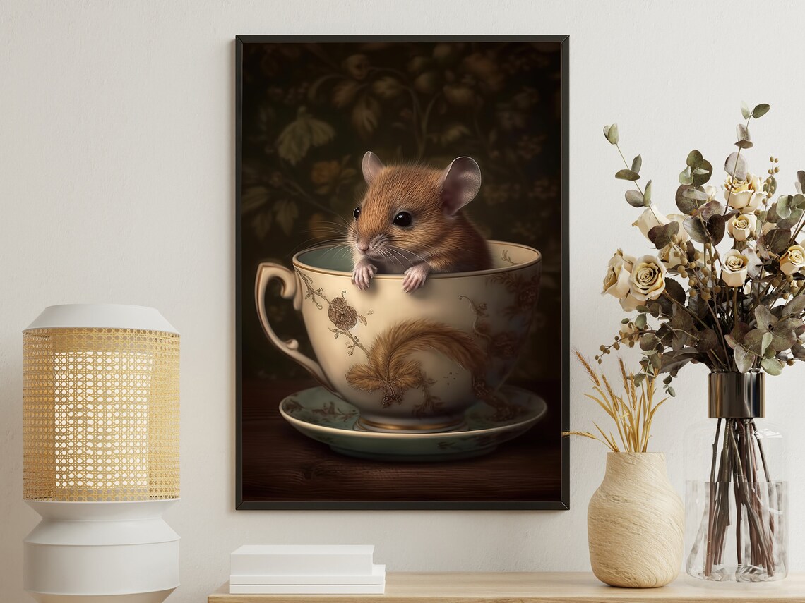 Cute Mouse In Vintage Teacup Whimsical Storybook Animal Poster