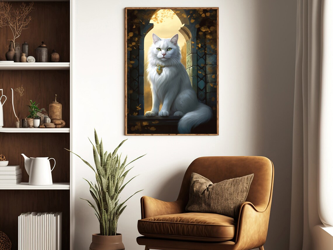Royal White Longhair Cat With Jeweled Collar In Golden Archway Animal Poster - Image 3