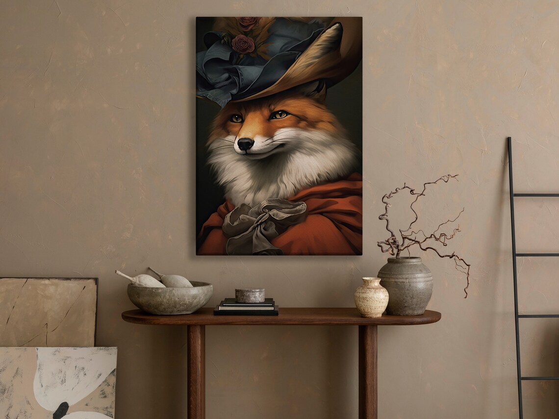 Regal Fox Lady In Victorian Hat Roses Portrait Dark Academia Animal Poster - Image 4