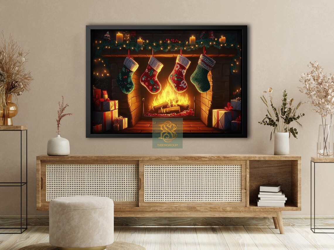 Cozy Christmas Fireplace With Knit Stockings Garland And Gifts Print - Image 4