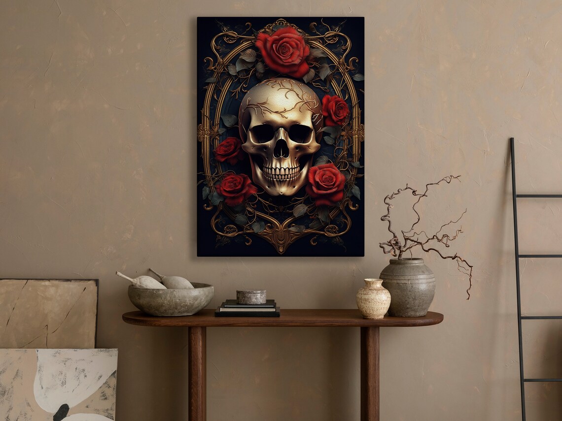 Golden Baroque Skull Framed By Red Roses Dark Elegant Gothic Vintage Wall Art - Image 4