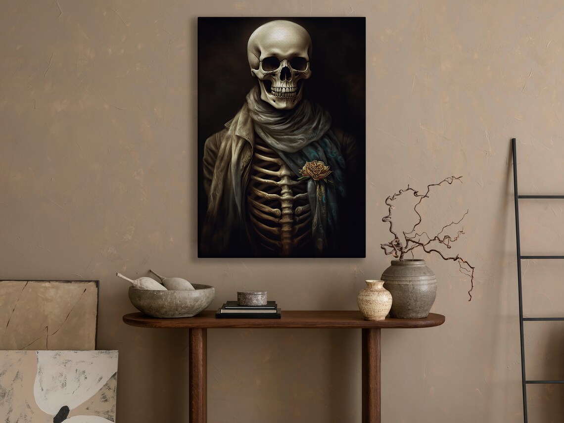 Dapper Skeleton Portrait Scarf Rose Boutonniere Dark Academia Art Poster - Image 2