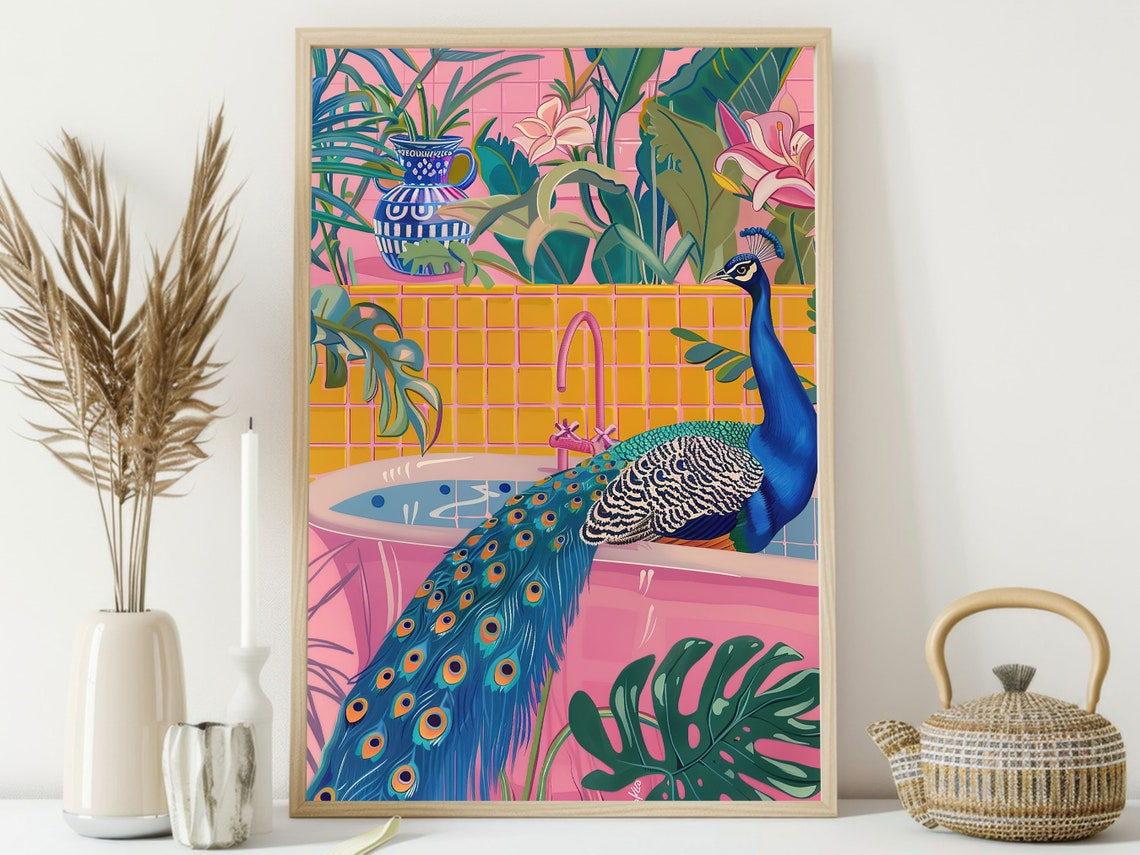 Colorful Peacock Pink Bathroom Tropical Art Quirky Maximalist Wall Art - Image 3