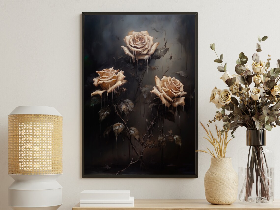 Dark Roses Still Life Painting, Gothic Art Print