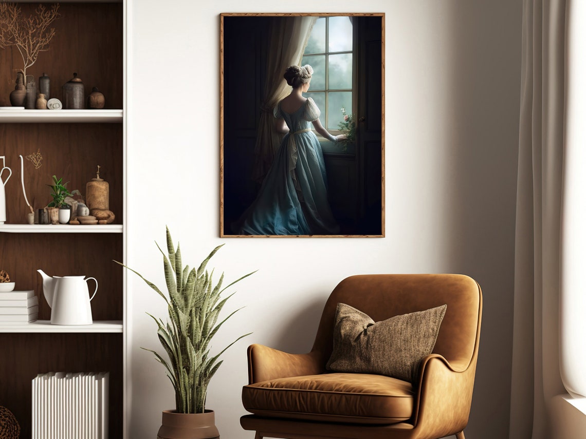Victorian Lady Blue Gown Standing at Window Moody Classic Art Poster - Image 3