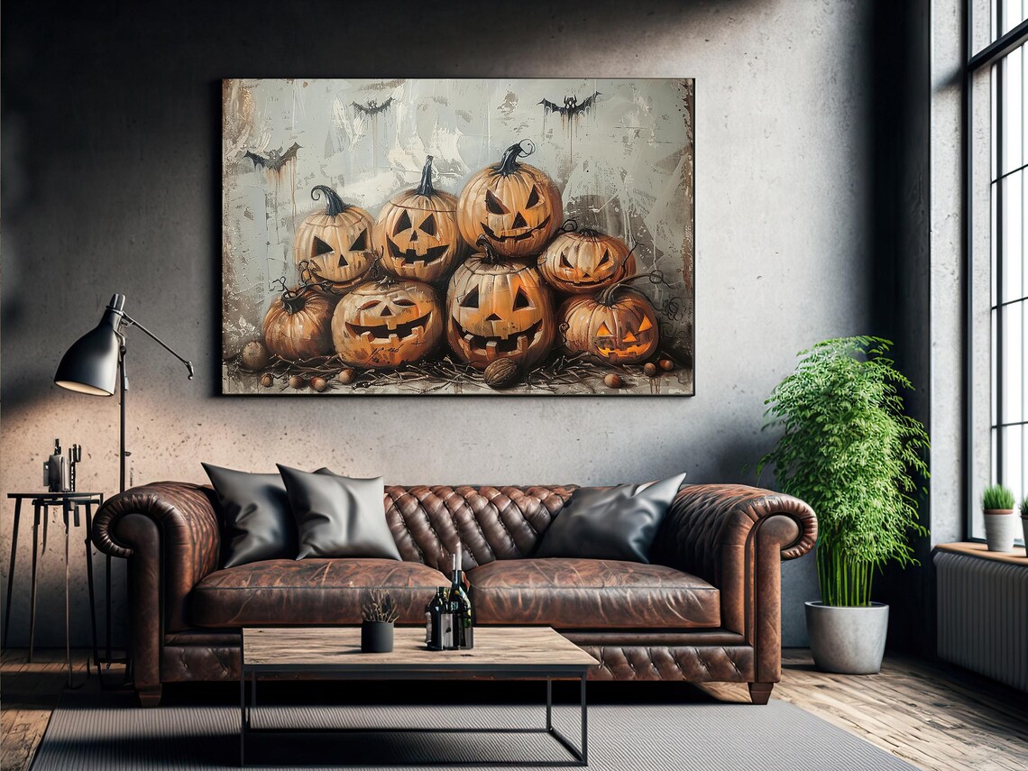Stacked Jack O Lantern Pumpkins with Bats Vintage Harvest Halloween Poster - Image 3