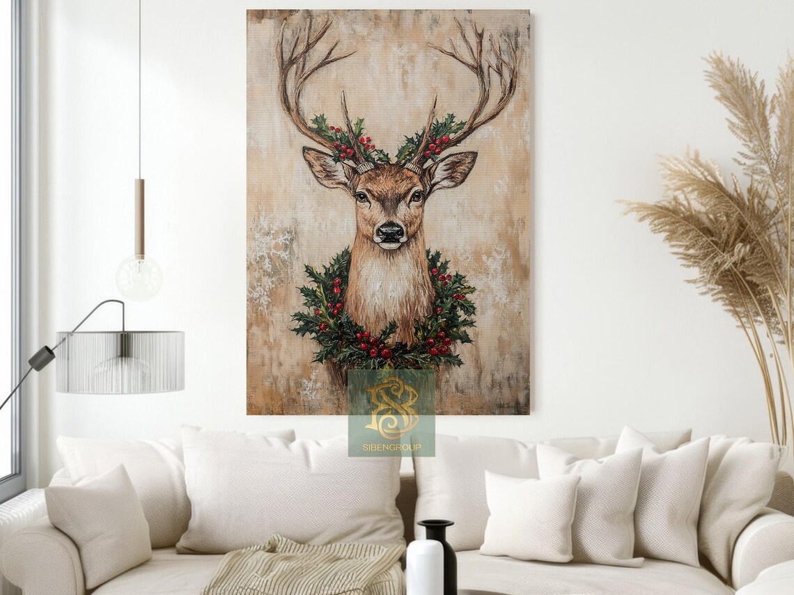 Reindeer Portrait With Holly Berry Wreath Rustic Christmas Art Print - Image 2