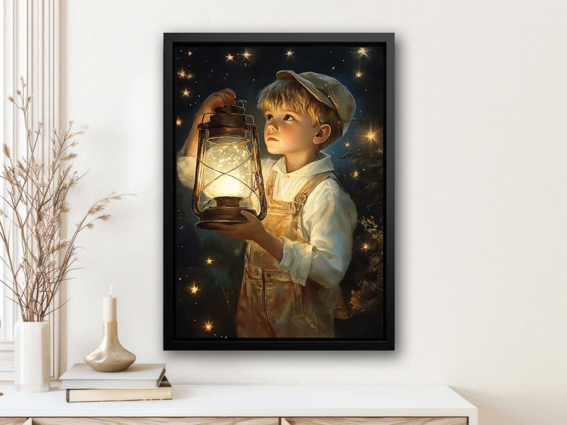Vintage Boy Lantern Starry Night Fireflies Warm Christmas Wall Art - Image 3