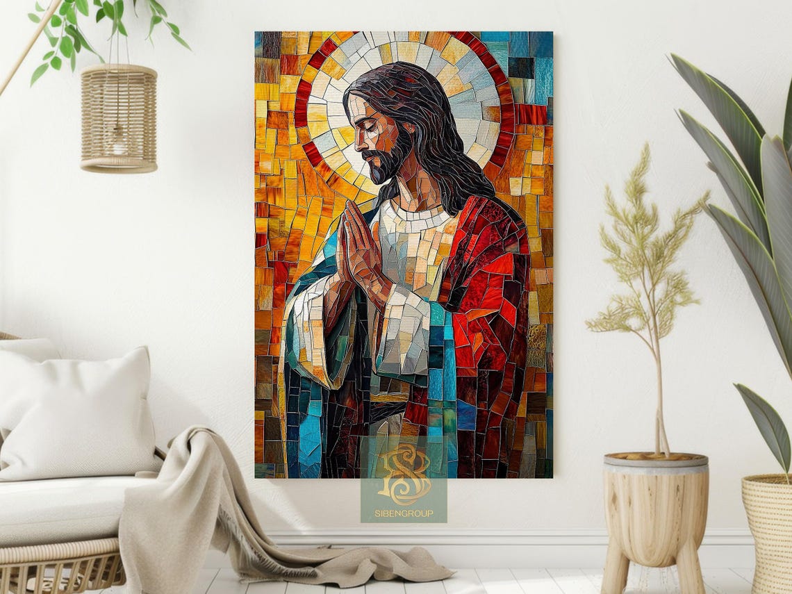 Praying Jesus Christ Stained Glass Mosaic Gold Halo Christian Poster - Image 2