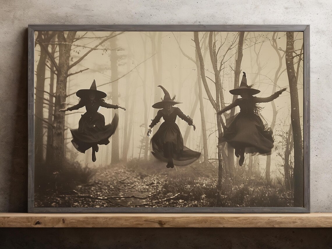 Classic Witch Flying Under Moon, Halloween Art Print