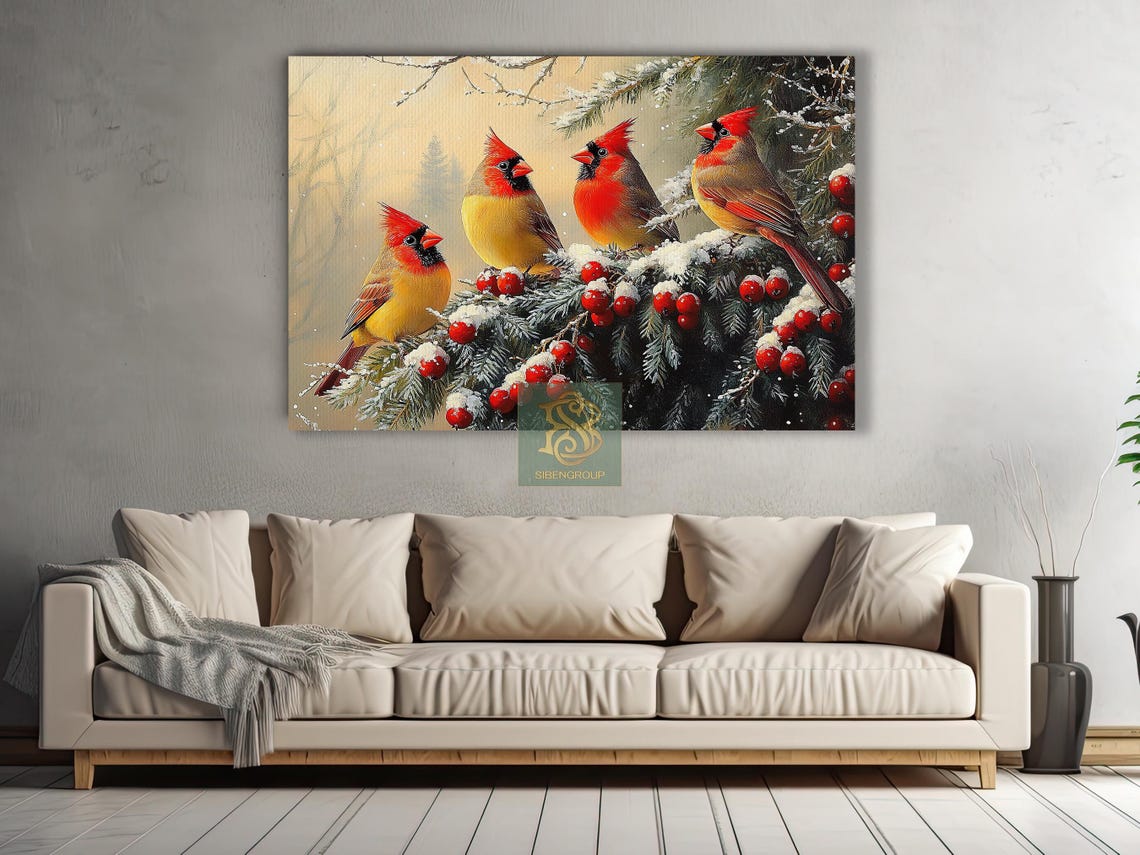 Four Red Cardinals Perched On Snowy Pine Branch With Red Berries Print - Image 3