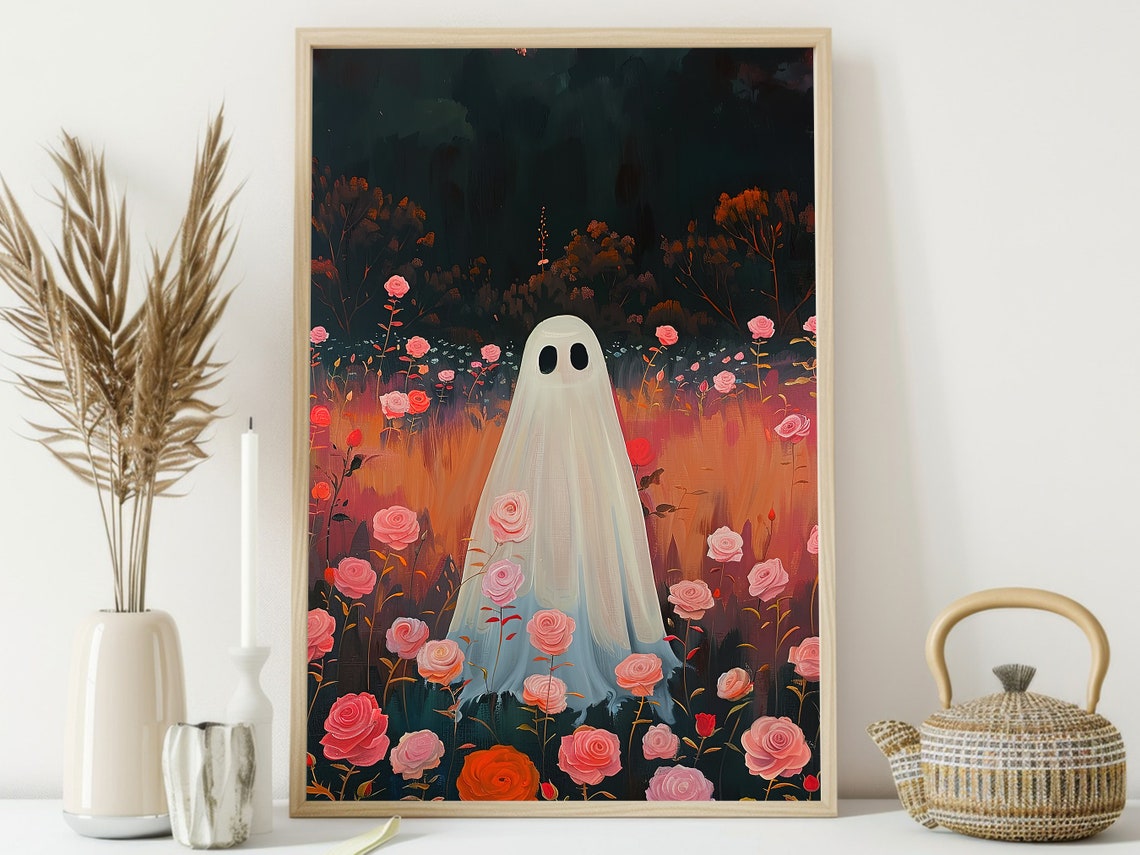 Cute Ghost Standing In Pink Rose Garden At Dusk Floral Art Poster - Image 4