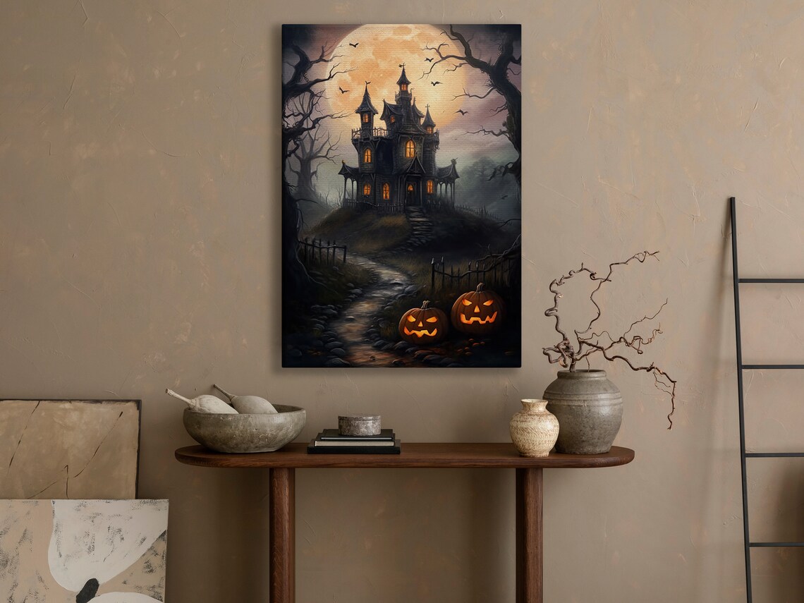 Haunted Castle On Hill Full Moon Bats Jack O Lanterns Spooky Halloween Poster - Image 4