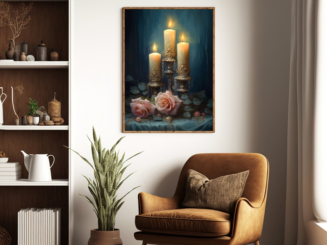 Three Candle Holders Blush Roses Teal Drapery Romantic Still Life Art Poster - Image 2