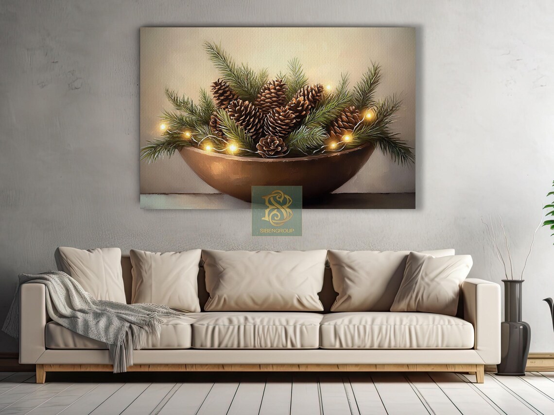 Copper Bowl of Pinecones Pine Branches and Fairy Lights Art Print - Image 2