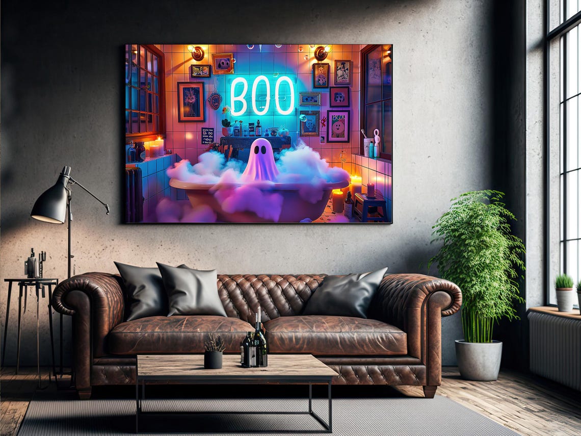 Cute Ghost In Neon Lit Bubble Bath BOO Sign Spooky Halloween Wall Art - Image 3