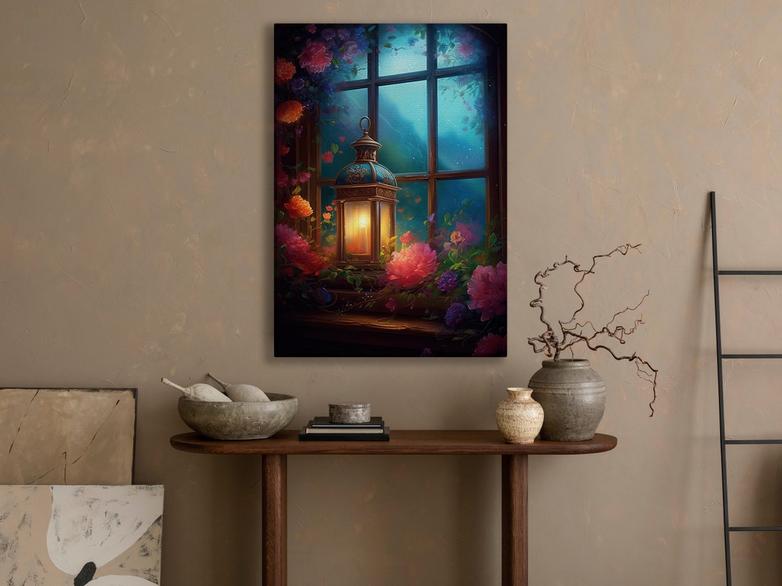 Vintage Lantern On Night Window With Vibrant Floral Bouquet Art Print - Image 3