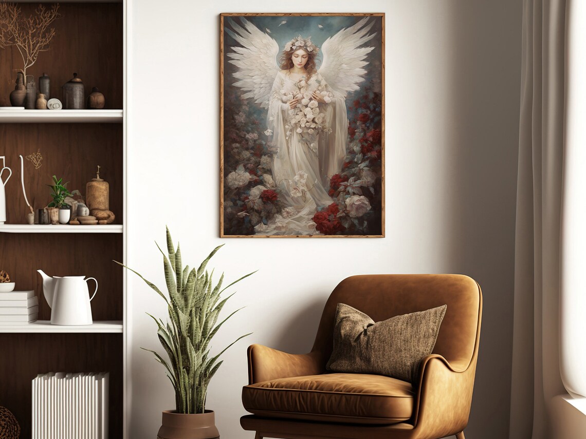 Vintage Floral Angel Painting Angel Art Print Angel Print Angel Poster Print Angel Wall Decor Angels Wall Hanging - Image 2