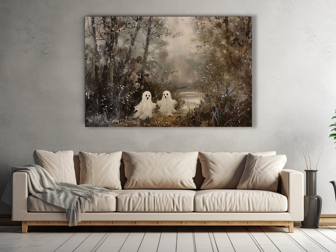 Two Cute Ghosts in Foggy Autumn Woods Painterly Halloween Art Poster - Image 2