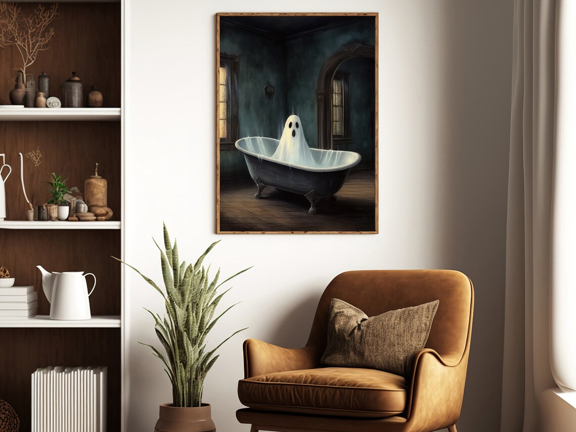 Cute Ghost Taking Bath In Clawfoot Tub Vintage Spooky Gothic Bathroom Wall Art - Image 4