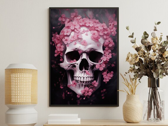 White Skull Pink Cherry Blossoms Dark Gothic Floral Art Poster
