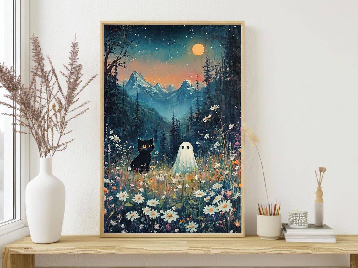 Black Cat And Ghost In Moonlit Wildflower Meadow Night Art Print - Image 4