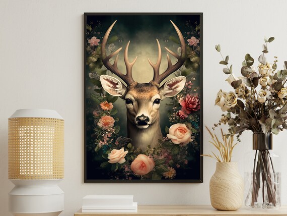 Floral Stag Portrait With Grand Antlers Among Roses Dark Botanical Poster