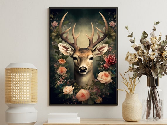 Vintage Floral Deer Painting Stag Art Print Deer Print Gothic Art Print Dark Academia Art Deer Poster Print Deer Wall Decor