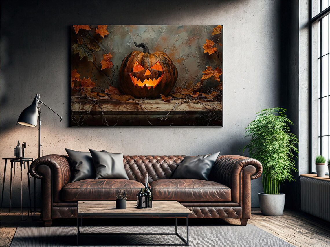 Carved Jack O Lantern with Twisted Grin Autumn Leaves Rustic Wood Poster - Image 2