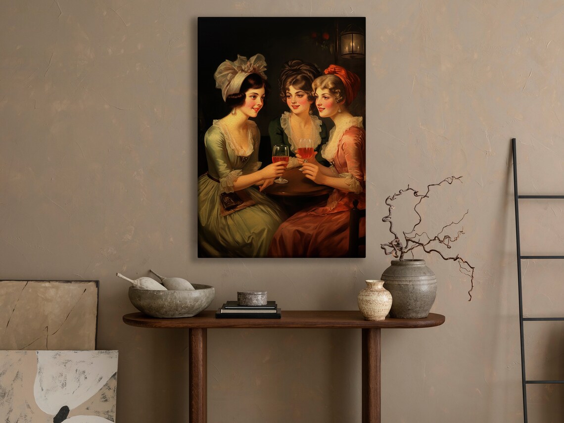 Victorian Ladies Toasting Wine Glasses Elegant Vintage Oil Painting Wall Art - Image 3
