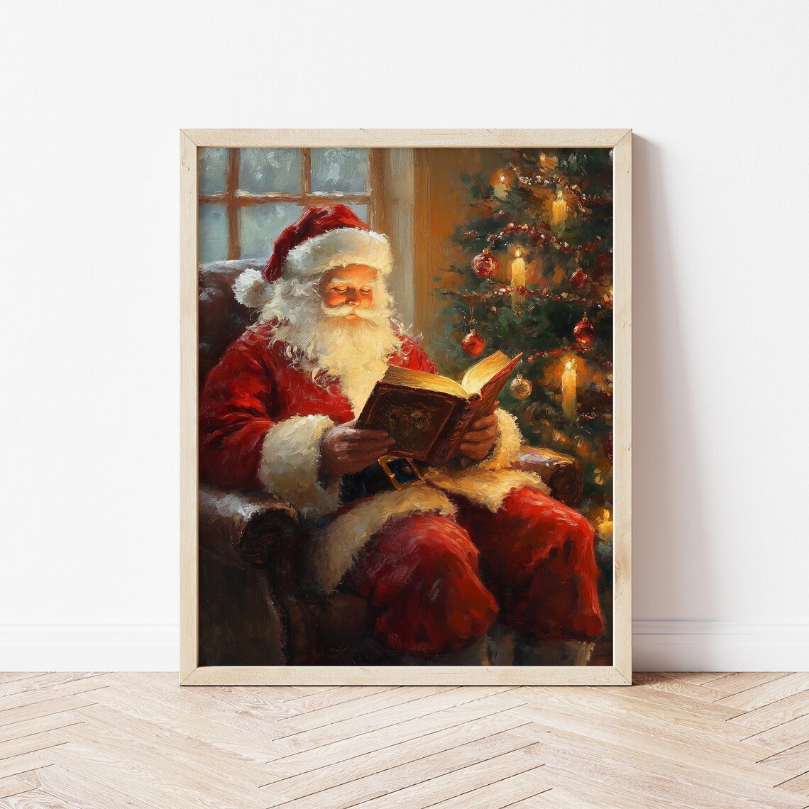 Santa Claus Reading by the Christmas Tree Cozy Vintage Style Poster - Image 3