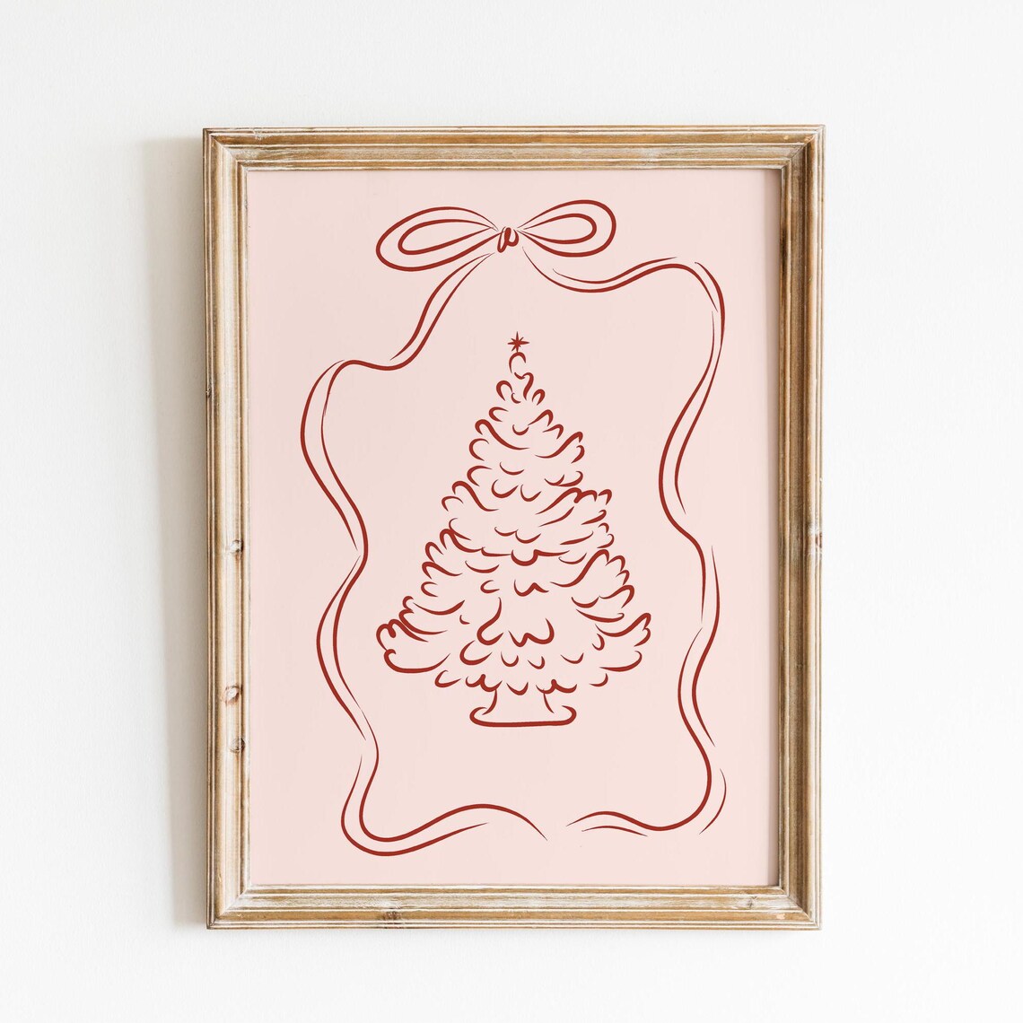 Line Art Christmas Tree with Ribbon Border Coquette Style Poster