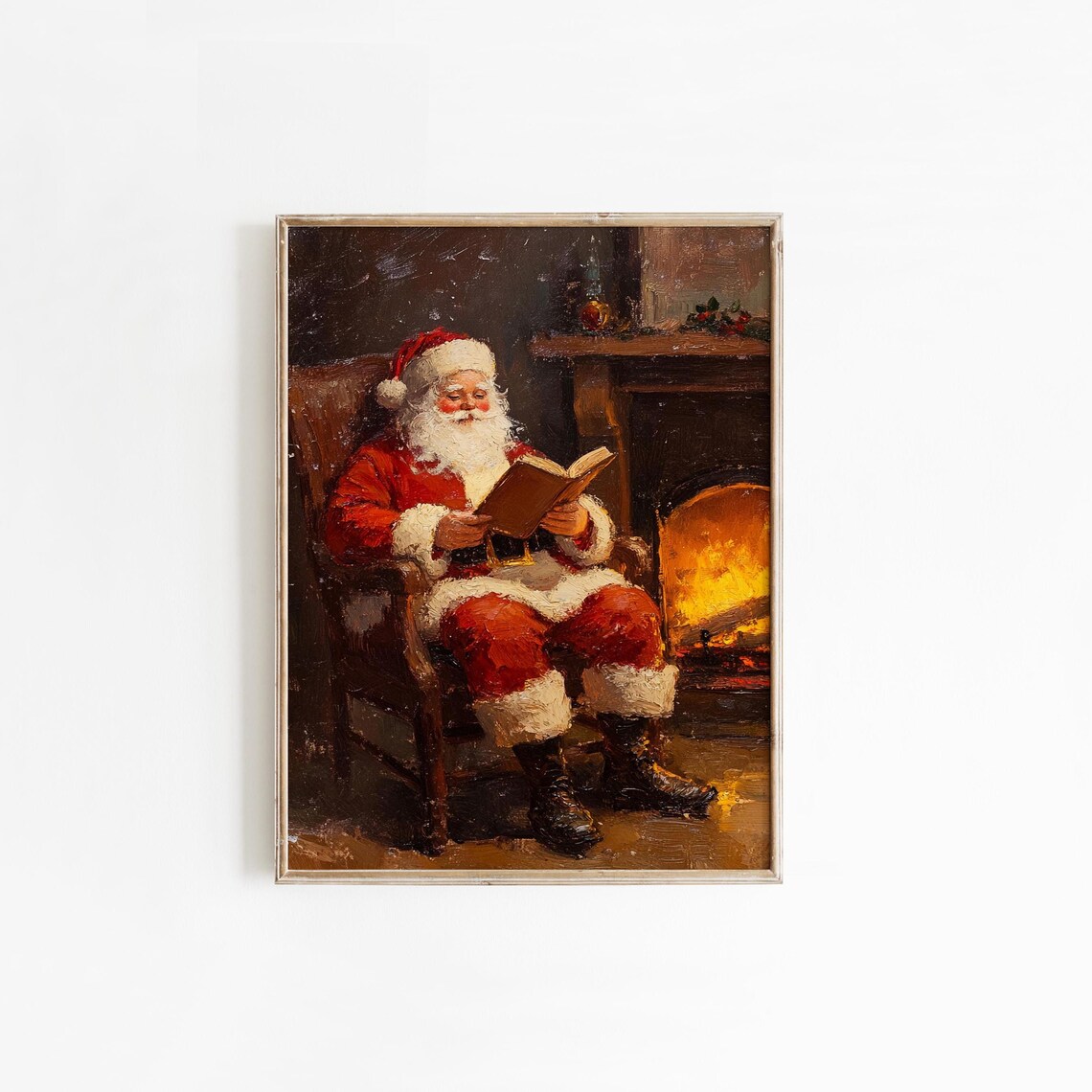 Santa Claus Reading by Fireplace Vintage Oil Painting Style Poster - Image 4