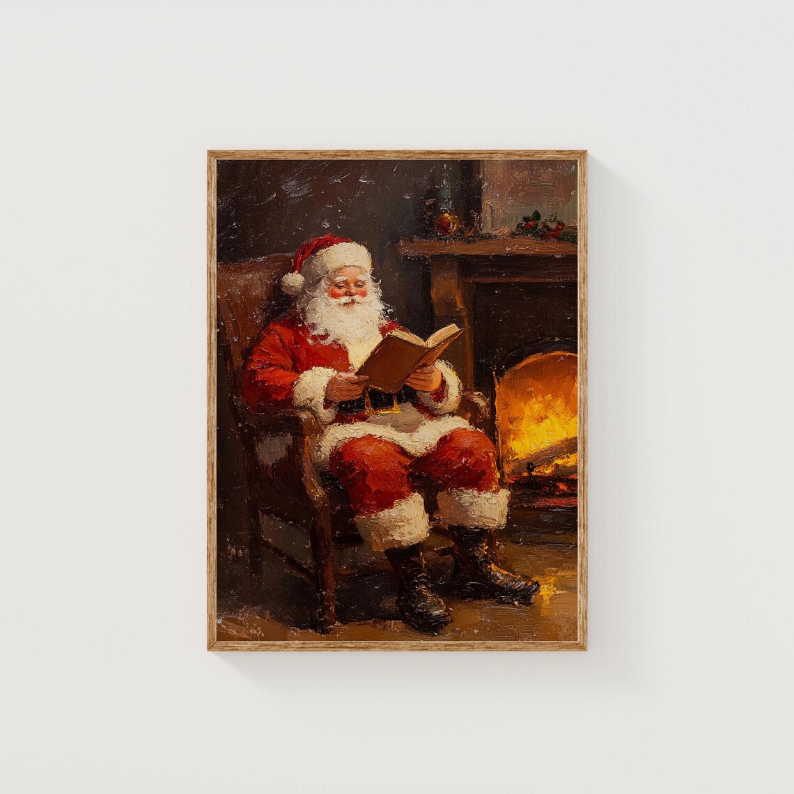 Santa Claus Reading by Fireplace Vintage Oil Painting Style Poster - Image 6