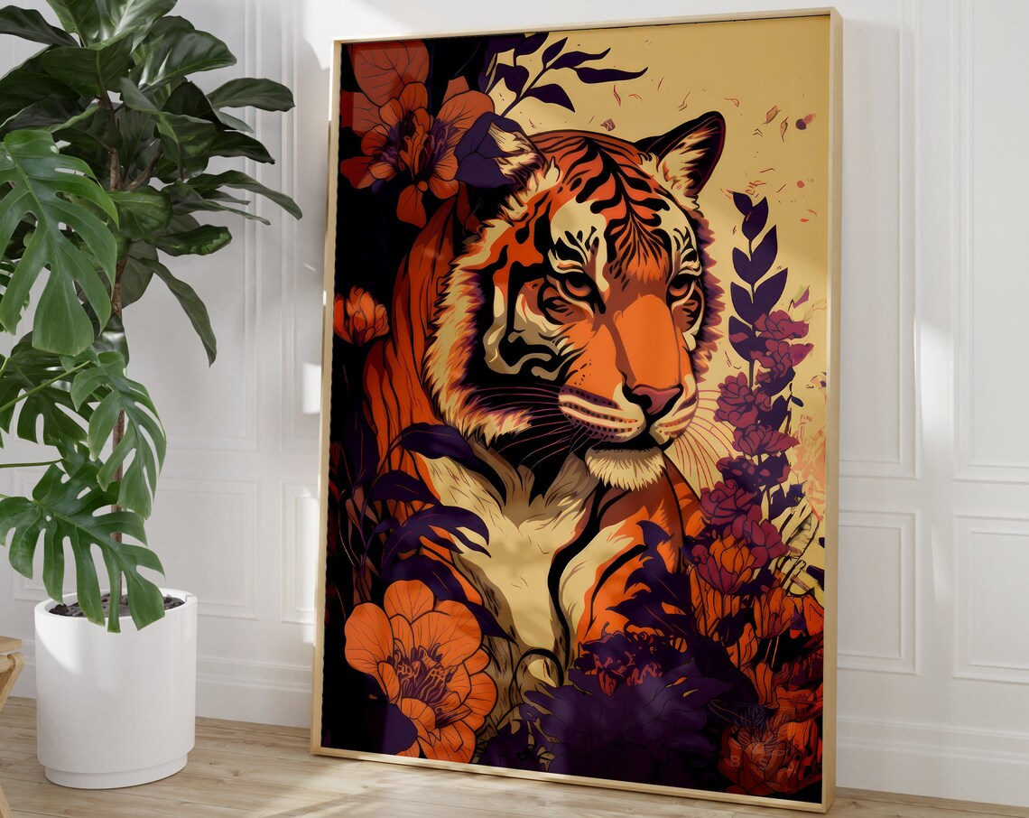 Vintage Tiger in Flowers, Retro Animal Art Print - Image 3