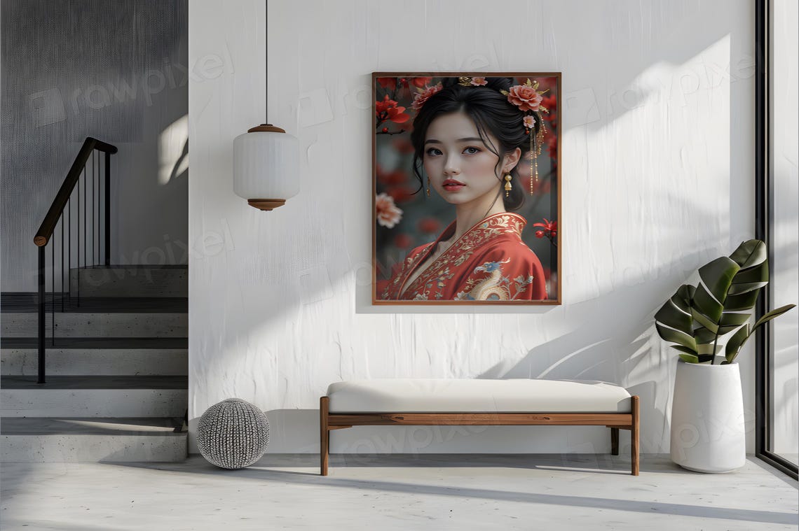 Elegant Woman in a Red Embroidered Robe in a Blooming Garden Poster - Image 4